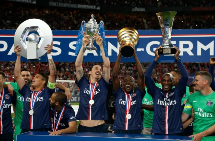 Le PSG présente son quadruplé: Ligue 1, Coupe de France, Coupe de la Ligue et Trophée des champions, le 30 mai 2015 au Stade de France