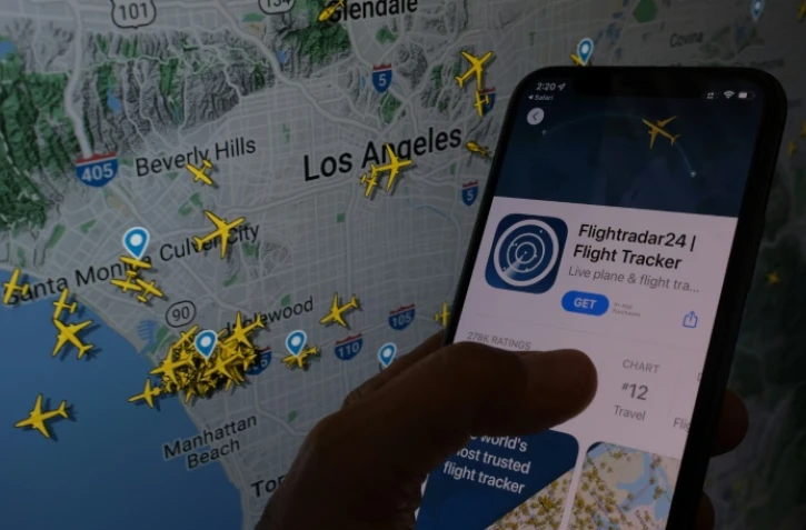 L'application Flightradar24 sur un téléphone, à Los Angeles, le 05 août 2022 