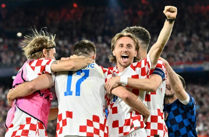 La Croatie de Luka Modric (c) qualifiée pour la finale de la Ligue des nations en battant les Pays-Bas, le 14 juin 2023 à Rotterdam   