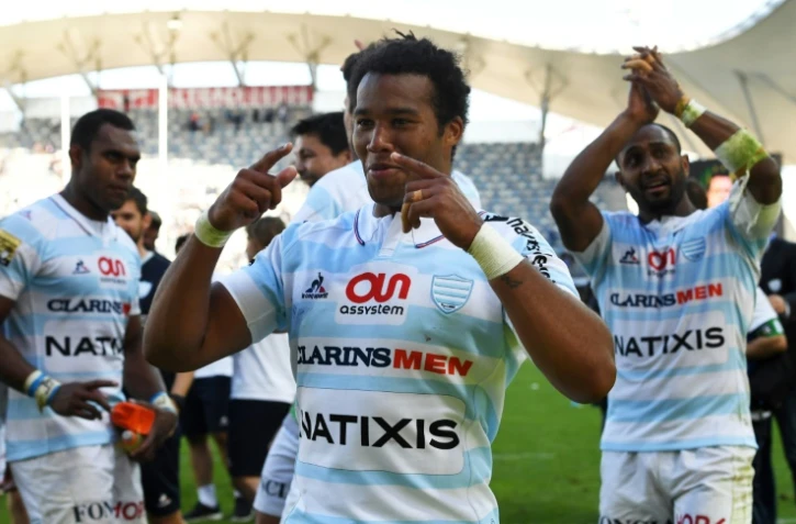 Les joueurs du Racing 92 en liesse après leur victoire à Montpellier en barrage de Top 14, le 20 mai 2017