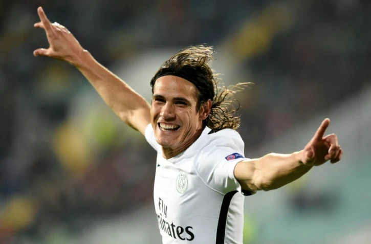 La joie de l'attaquant du PSG Edinson Cavani, auteur d'un doublé face à Ludogorets, le 28 septembre 2016 à Sofia