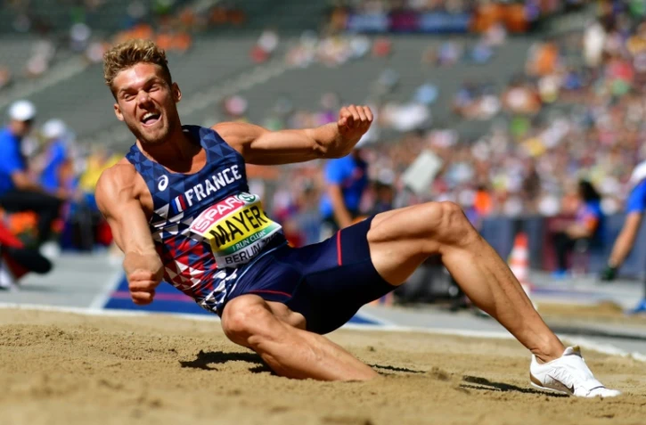Le Français Kévin Mayer lors de l'épreuve du saut en longueur du décathlon à l'Euro d'athlétisme, le 7 août 2018 à Berlin