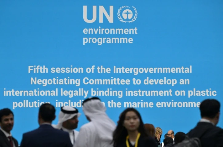 Rassemblement à l'ouverture de la cinquième session des négociations sur un traité mondial contre la pollution plastique, à Busan, en Corée du Sud, le 25 novembre 2024