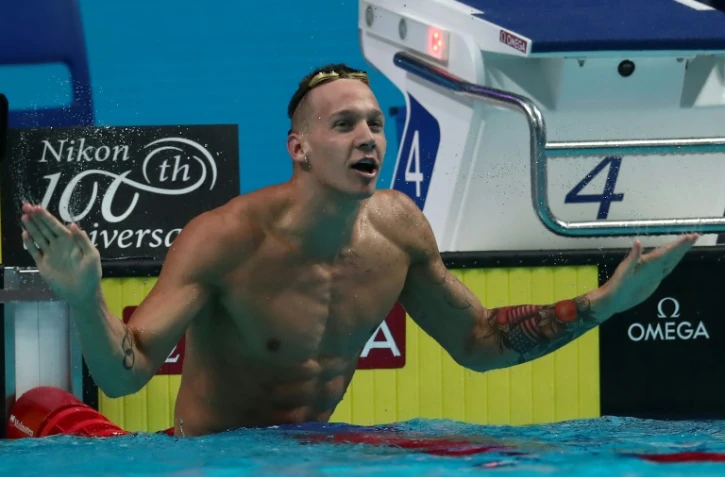 L'Américain Caeleb Dressel à l'issue du 50 m nage libre, remporté aux Mondiaux de Budapest, le 29 juillet 2017