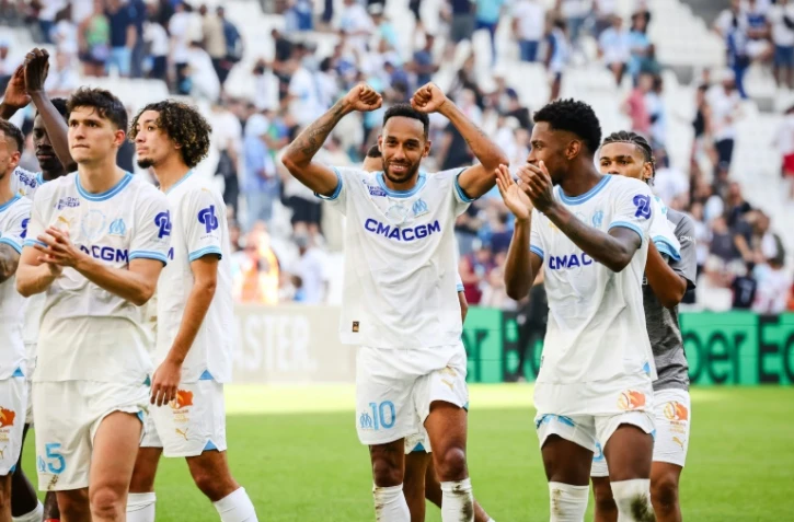 L'attaquant de Marseille Pierre-Emerick Aubameyang (c) buteur contre Le Havre, le 8 octobre 2023 au Stade Vélodrome   