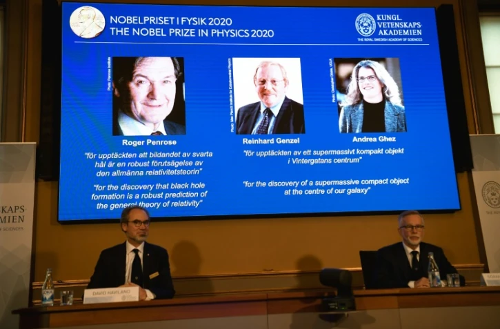 (g-d) Le prix Nobel de Physique est attribué au Britannique Roger Penrose, à l'Allemand Reinhard Genzel et à l'Américain Andrea Ghez, le 6 octobre 2020 à Stockholm