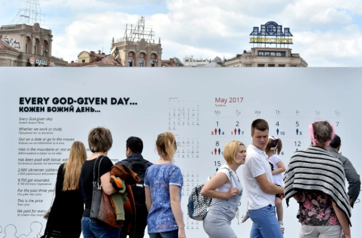 Un panneau dans le centre de Kiev sur le nombre de soldats ukrainiens tués ou blessés dans l'est séparatiste prorusse de l'Ukraine, le 29 mai 2017
 