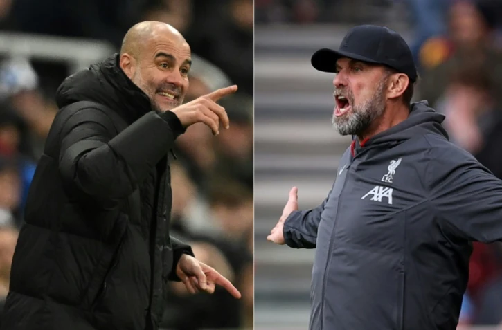 Photomontage des entraîneurs de Manchester City Pep Guardiola (g) et de Liverpool Jürgen Klopp