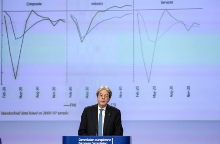 Le commissaire européen à l'Economie Paolo Gentiloni, lors d'une conférence de presse au siège de l'UE à Bruxelles, le 11 février 2021