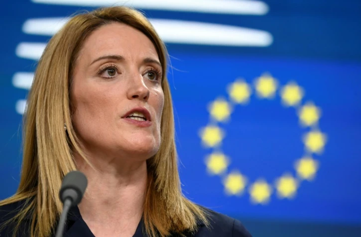 La présidente du Parlement européen, Roberta Metsola, en conférence de presse, le 23 mars 2023 à Bruxelles