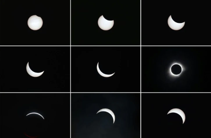 Montage montrant la lune passer devant le soleil pendant une éclipse totale vue à Ternate dans les îles Maluku en Indonésie le 9 mars 2016