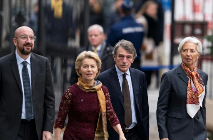 (de G à D): le nouveau président du Conseil européen Charles Michel, la présidente de la Commission Ursula von der Leyen, le président du Parlement européen David Sassoli et de la BCE Christine Lagarde arrivent à la maison de l'Histoire européenne à Bruxelles le 1er décembre 2019