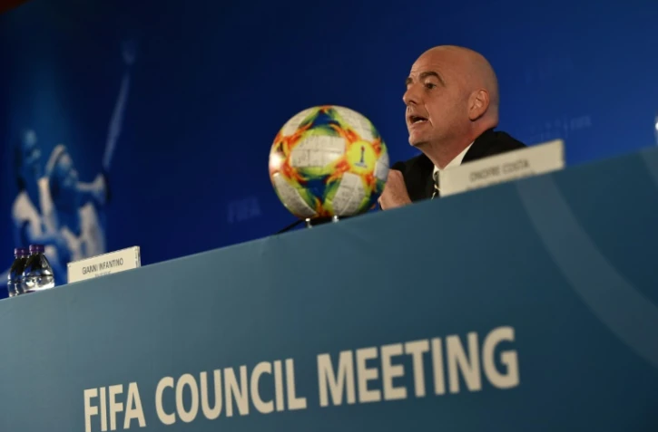 le président de la Fédération internationale de football Gianni Infantino en conférence de presse lors de la réunion du conseil de la Fifa, le 24 octobre 2019 à Shanghai