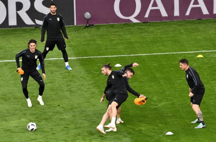 Edinson Cavani, Luis Suarez et les Uruguayens à l'entraînement à Ekaterinbourg, le 14 juin 2018 à la veille du match contre l'Egypte 