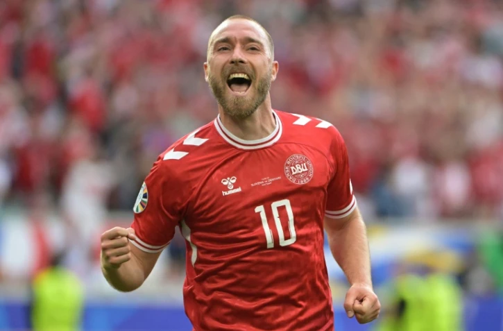 Le Danois Christian Eriksen après l'ouerture du score contre la Slovénie lors du premier match du groupe C de l'Euro-2024 le 16 juin 2024 à Stuttgart