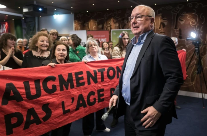 Pierre-Yves Maillard (D), président de la Fédération syndicale suisse (SGB), le 3 mars 2024 à Berne