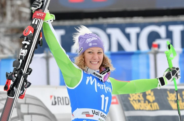 La joie de la Slovène Ilka Stuhec après sa victoire au super-G de Val Gardena, le 19 décembre 2018