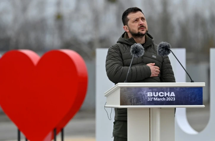 Le président ukrainien Volodymyr Zelensky à Boutcha, le 31 mars 2023