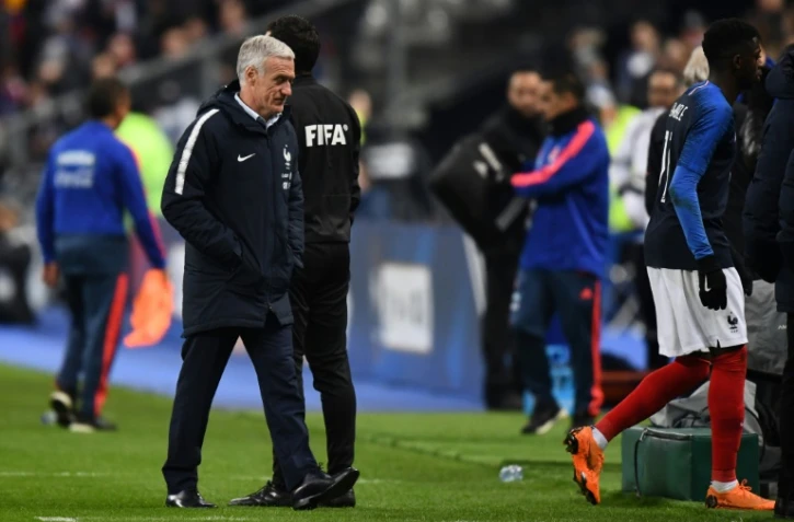 Le sélectionneur français Didier Deschamps réagi à la défaite de la France contre la Colombie lors d'un match amical au Stade de France, le 23 mars 2018