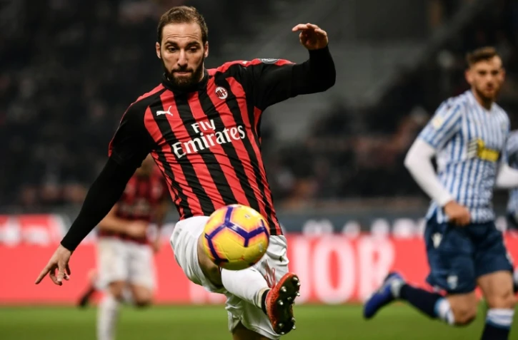 L'attaquant argentin Gonzalo Higuain sous le maillot de l'AC Milan lors d'un match de Serie A face à la Spal à San Siro le 29 décembre 2018