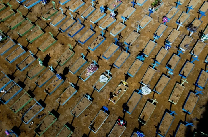 Vue aérienne des tombes de victimes du Covid-19 dans le cimetière Nossa Senhora Aparecida de Manaus, dans le nord du Brésil, le 15 avril 2021
