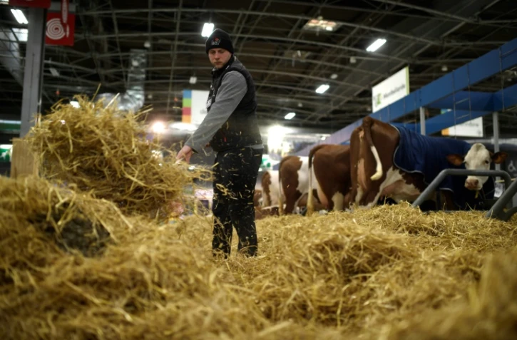 Un éleveur apporte de la paille sur son stand au Salon de l'agriculture, à Paris, le 25 février 2022
