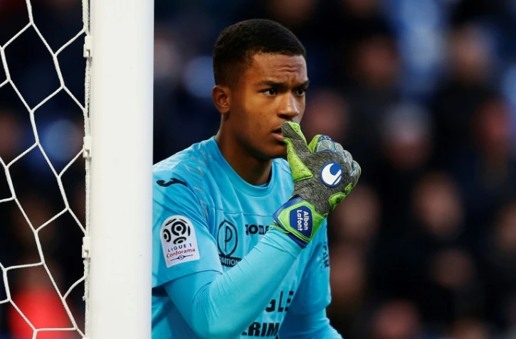 Le gardien de Toulouse Alban Alfont lors du déplacement à Caen le 25 avril 2018