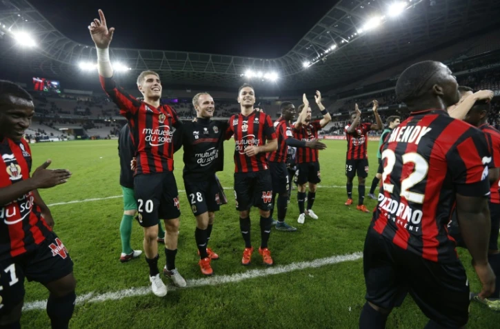 La joie des joueurs niçois après la victoire contre Lyon, le 20 novembre 2015 à l'Allianz Riviera