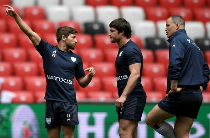 Les joueurs du Racing 92, Teddy Iribaren, Henry Chavancy et Wenceslas Lauret à Bilbao, le 11 mai 2018 avant la finale de Coupe d'Europe face à Leinster