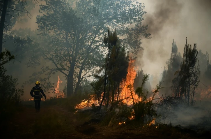 Un pompier se positionne sur un feu de forêt près de Louchats, à environ 35 km de Landiras en Gironde, le 18 juillet 2022