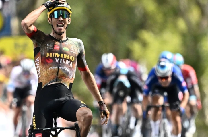 La joie du Français Christophe Laporte, vainqueur de la 19e étape du Tour de France entre Castelnau-Magnoac et Cahors, le 22 juillet 2022