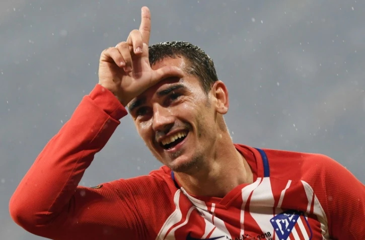 L'attaquant français de l'Atletico Madrid Antoine Griezmann vient de marquer lors de la finale de l'Europa League contre Marseille, le 16 mai 2018 à Lyon  