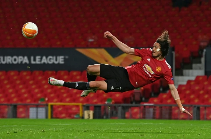 L'attaquant uruguayen de Manchester United Edinson Cavani contre l'AS Rome en demi-finale aller de Ligue Europa, le 29 avril 2021 à Manchester 