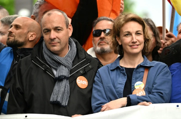 Le secrétaire général de la CFDT Laurent Berger (gauche) et la secrétaire générale adjointe de la CFDT Marylise Léon (droite) prennent part aux manifestations du 1er-Mai, le 1er mai 2023 à Paris