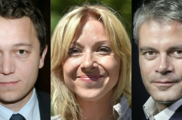 COMBO de photos crée le 26 octobre 2017 montrant les trois candidats à la présidence des Républicains: Mael de Calan, Florence Portelli et Laurent Wauquiez