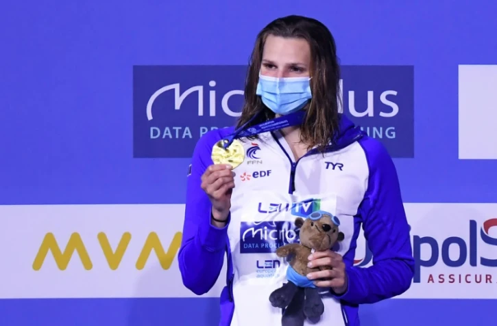 Marie Wattel médaillée d'or sur 100 m papillon aux Championnats d'Europe de Budapest, le 18 mai 2021