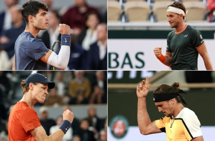Photomontage des demi-finalistes de Roland-Garros Carlos Alcaraz (en haut Ă gauche), Jannik Sinner (en bas Ă gauche), Casper Ruud (en haut Ă droite) et Alexander Zverev (en bas Ă droite)