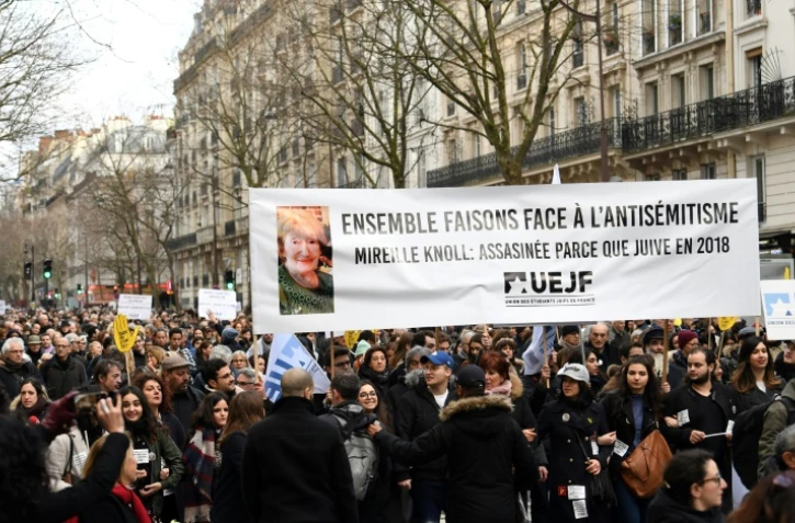 Marche contre l'antisémitisme, le 28 mars 2018, en hommage à la mémoire de Mireille Knoll, une veille dame juive de 85 ans tuée à son domicile quelques jours auparavant