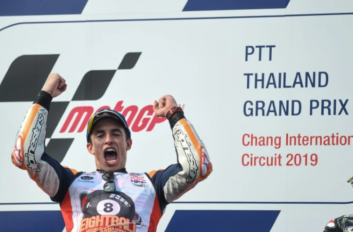L'Espagnol Marc Marquez (Honda)après sa victoire au GP de Thaïlande de MotoGP le 6 octobre 2019 à Buriram.