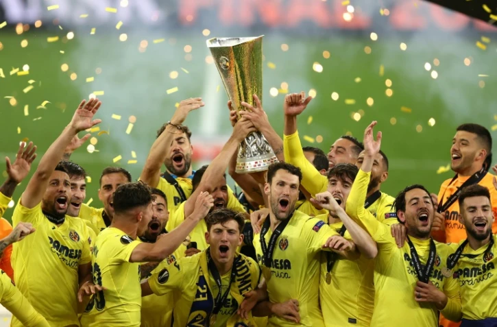 La joie des joueurs de Villarreal après la victoire à l'issue des tirs au but lors de la finale de la Ligue Europa contre Manchester United, à Gdansk, le 26 mai 2021