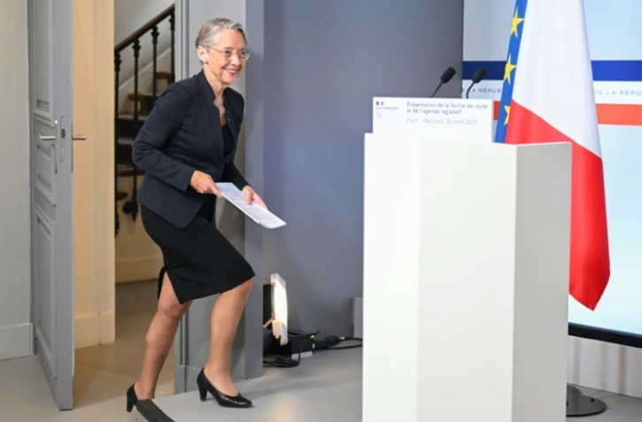 La Première ministre Élisabeth Borne délivre un discours pour les 100 jours du 2e quinquennat d'Emmanuel Macron, à Paris le 26 avril 2023