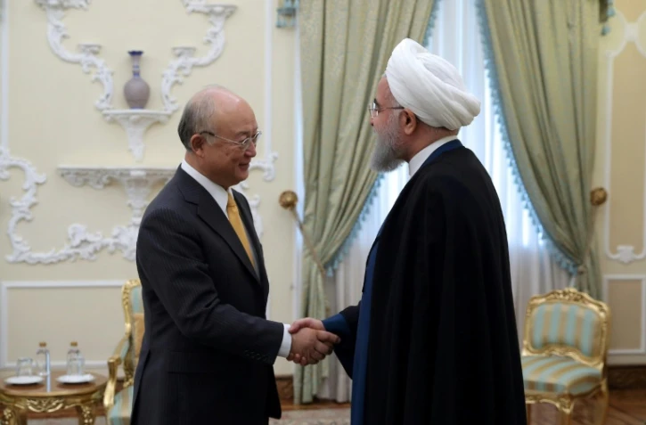 Le directeur général de l'Agence internationale de l'énergie atomique (AIEA) Yukiya Amano rencontre le président iranien Hassan Rouhani, le 29 octobre 2017 à Téhéran (transmise par la présidence iranienne)