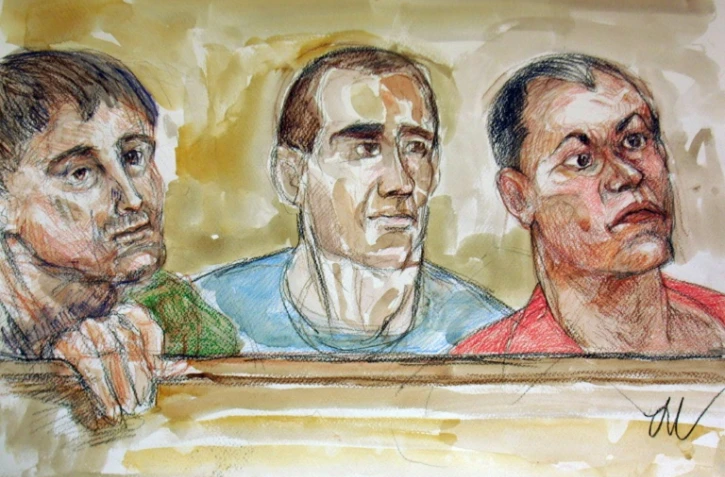 Croquis d'audience réalisé le 11 juillet 2003 à la cour d'assises spéciale de Paris (Gauche à Droite): Pierre Alessandri, Martin Ottaviani et Alain Ferrandi