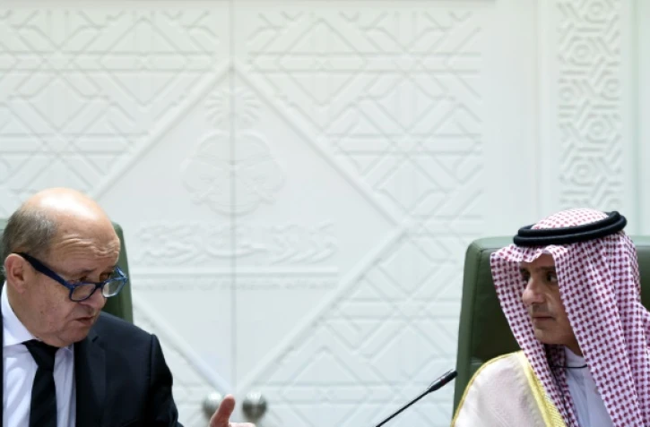 Le ministre français des Affaires étrangères Jean-Yves Le Drian (G) s'exprime lors d'une conférence de presse avec son homologue saoudien Adel al-Jubeir (D) à Ryad le 16 novembre 2017 