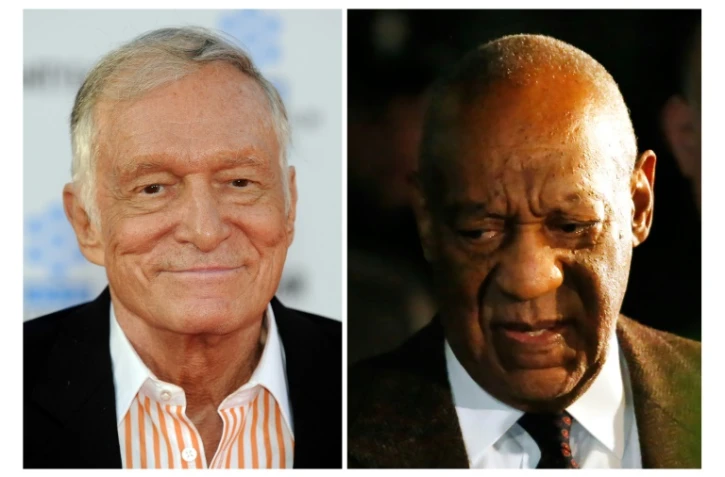 Montage de photos d'archives de Hugh Hefner (g) en 2011 et Bill Cosby en février 2016
