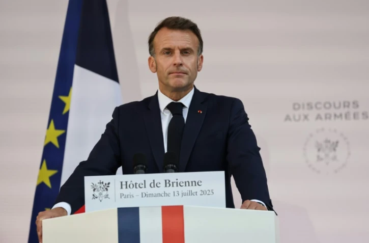 Emmanuel Macron lors de son discours aux armées, le 13 juillet 2025 à Paris 