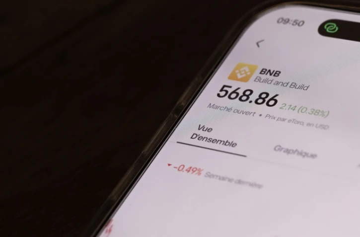 Image d'illustration d'un smartphone affichant un cours de la cryptomonnaie BNB, en juillet 2026