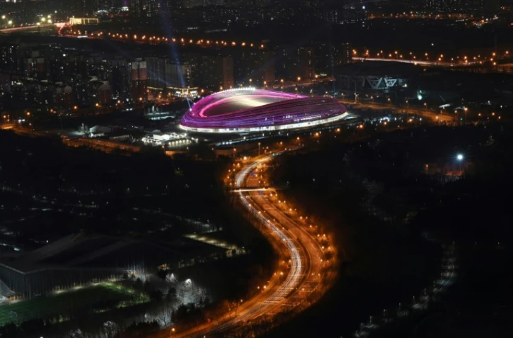 Vue aérienne du "Ruban de glace", la piste dédiée aux épreuves de patinage de vitesse des Jeux de Pékin, le 20 janvier 2022 