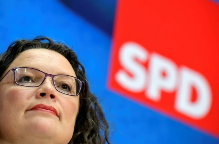 Photo de la cheffe du SPD allemand Andrea Nahles pendant une conférence de presse à Berlin le 27 mai 2019, au lendemain des élections européennes 