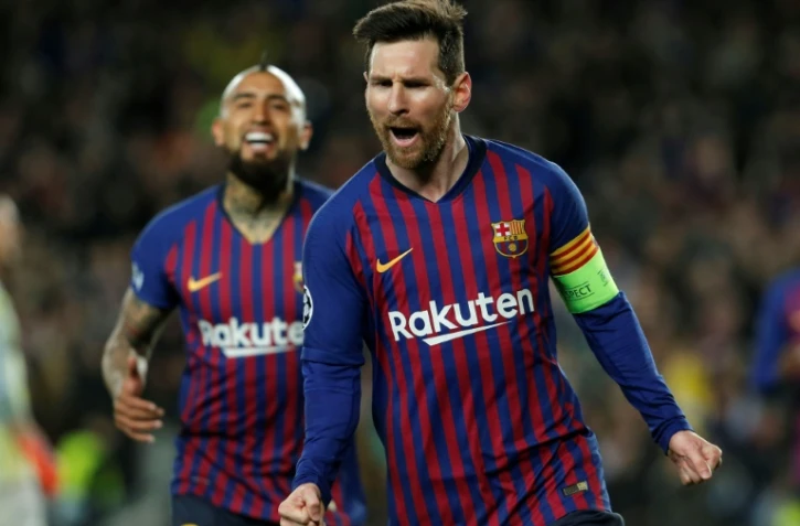 La star du Barça Lionel Messi marque contre Lyon en 8es de finale retour de la Ligue des champions, le 13 mars 2019 au Camp Nou